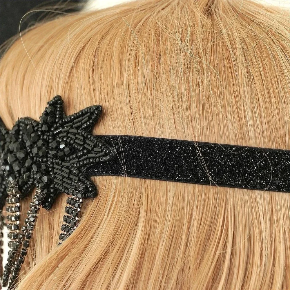 Black 1920s Style Flapper Headband Feather Beaded Rhinestone Headpiece Costume